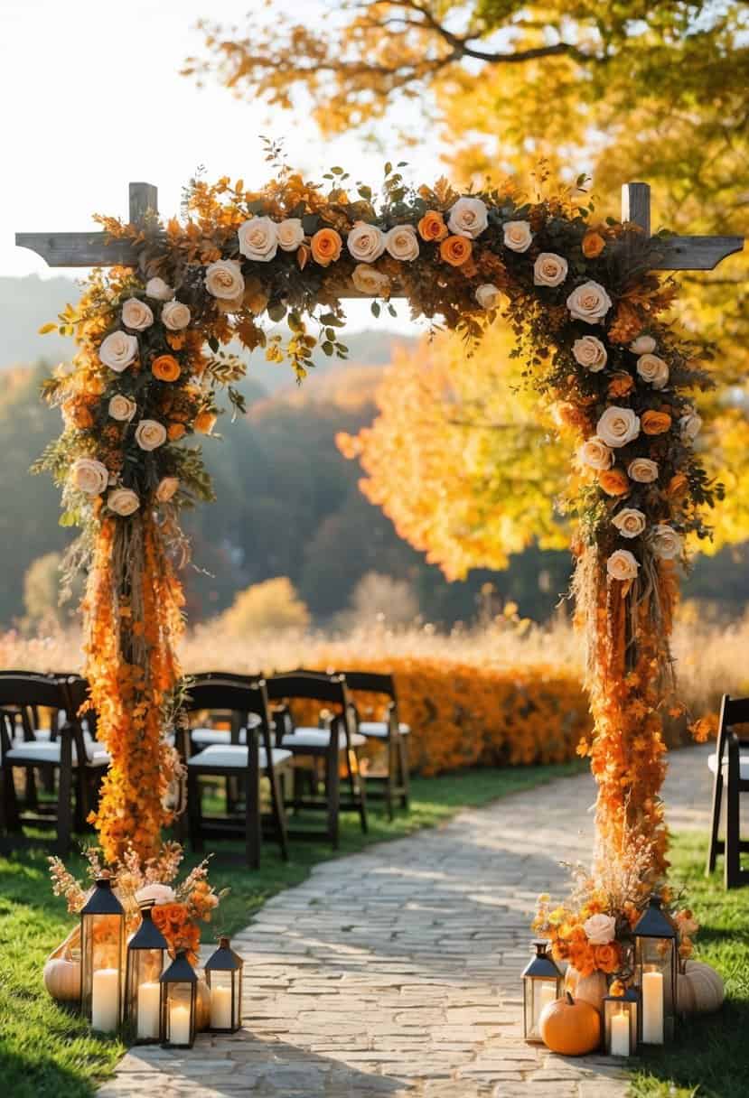 A rustic outdoor wedding with orange and rose-colored decorations, surrounded by autumn foliage and warm sunlight