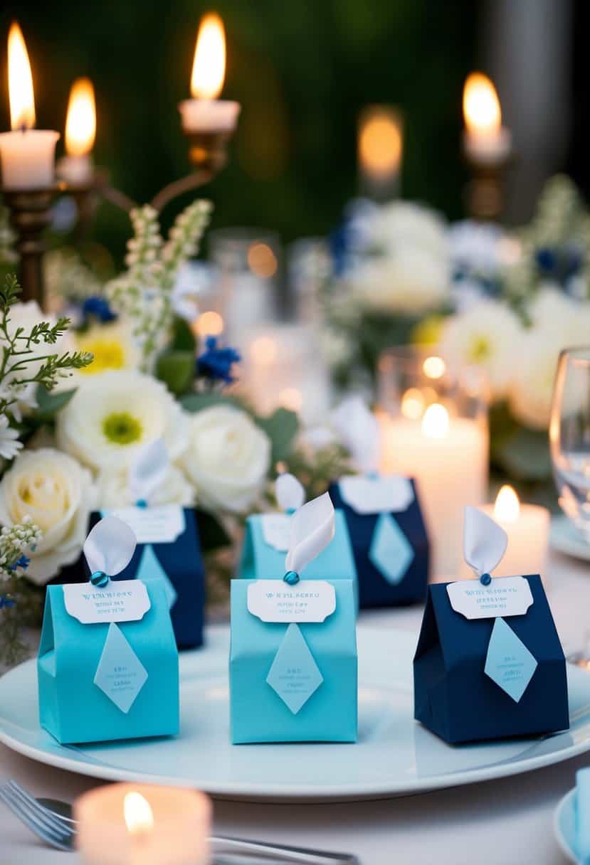 A table adorned with light cyan and navy blue wedding favors, surrounded by delicate floral arrangements and glowing candlelight