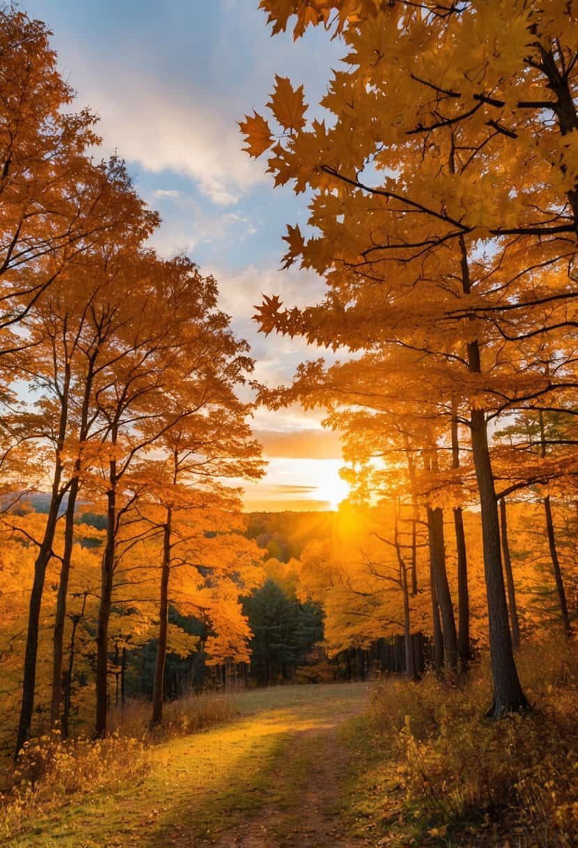 A serene autumn forest with golden maple trees, vibrant orange leaves, and a warm sunset casting a golden glow over the landscape