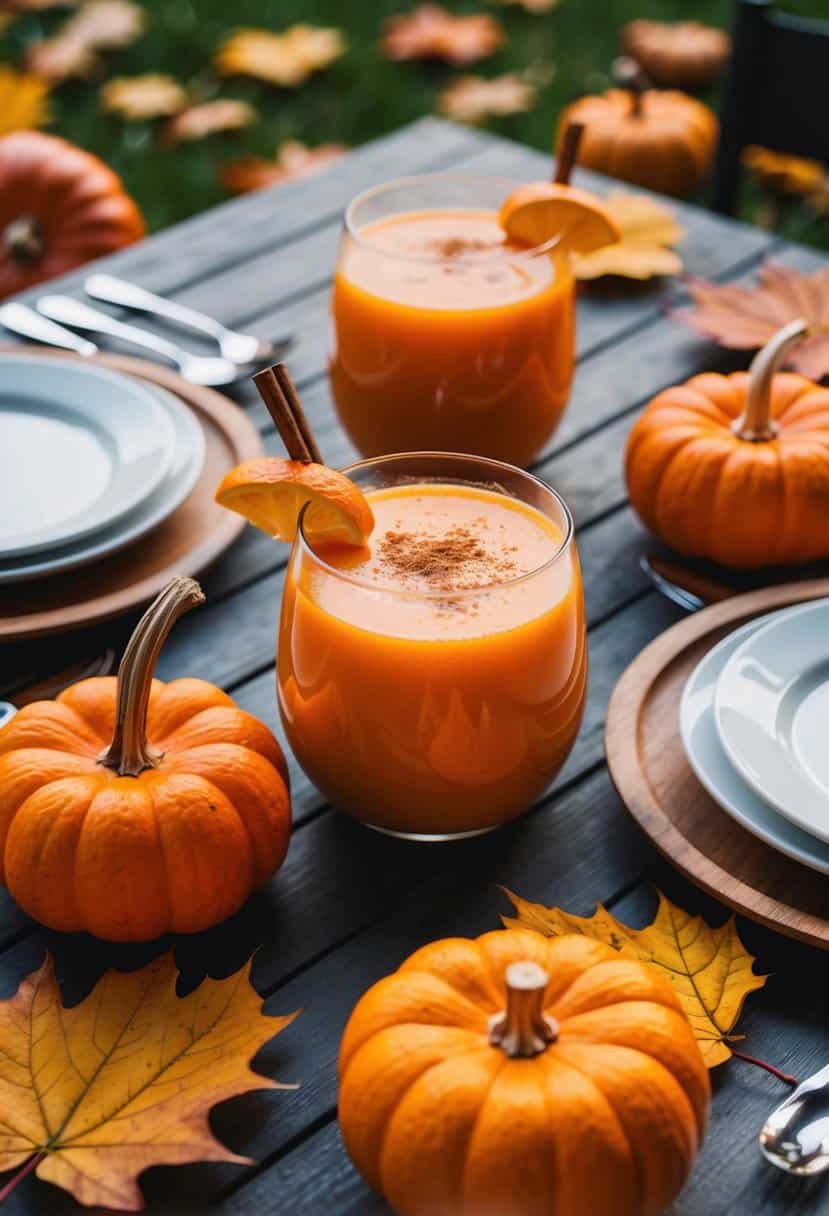 A table set with spiced orange drinks, surrounded by autumn leaves and pumpkins