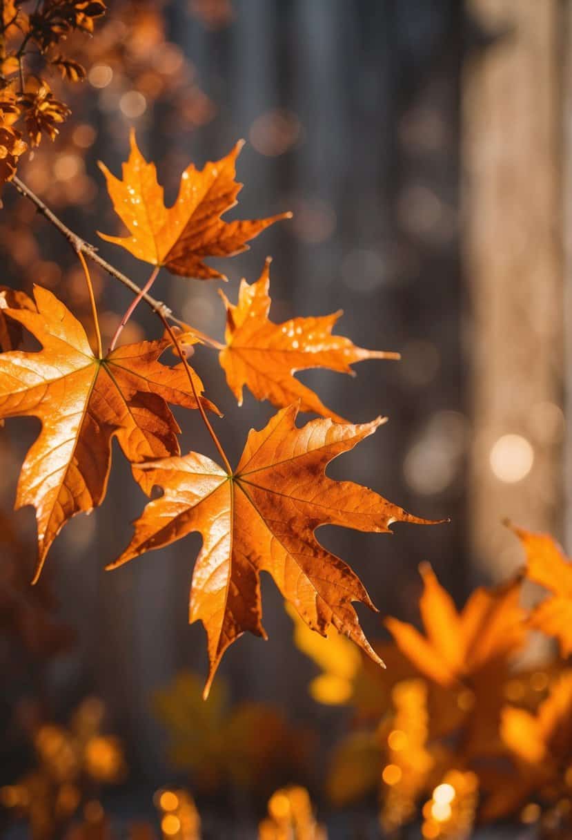 A warm autumnal scene with copper and orange leaves, glimmering in the sunlight, set against a backdrop of rustic elegance