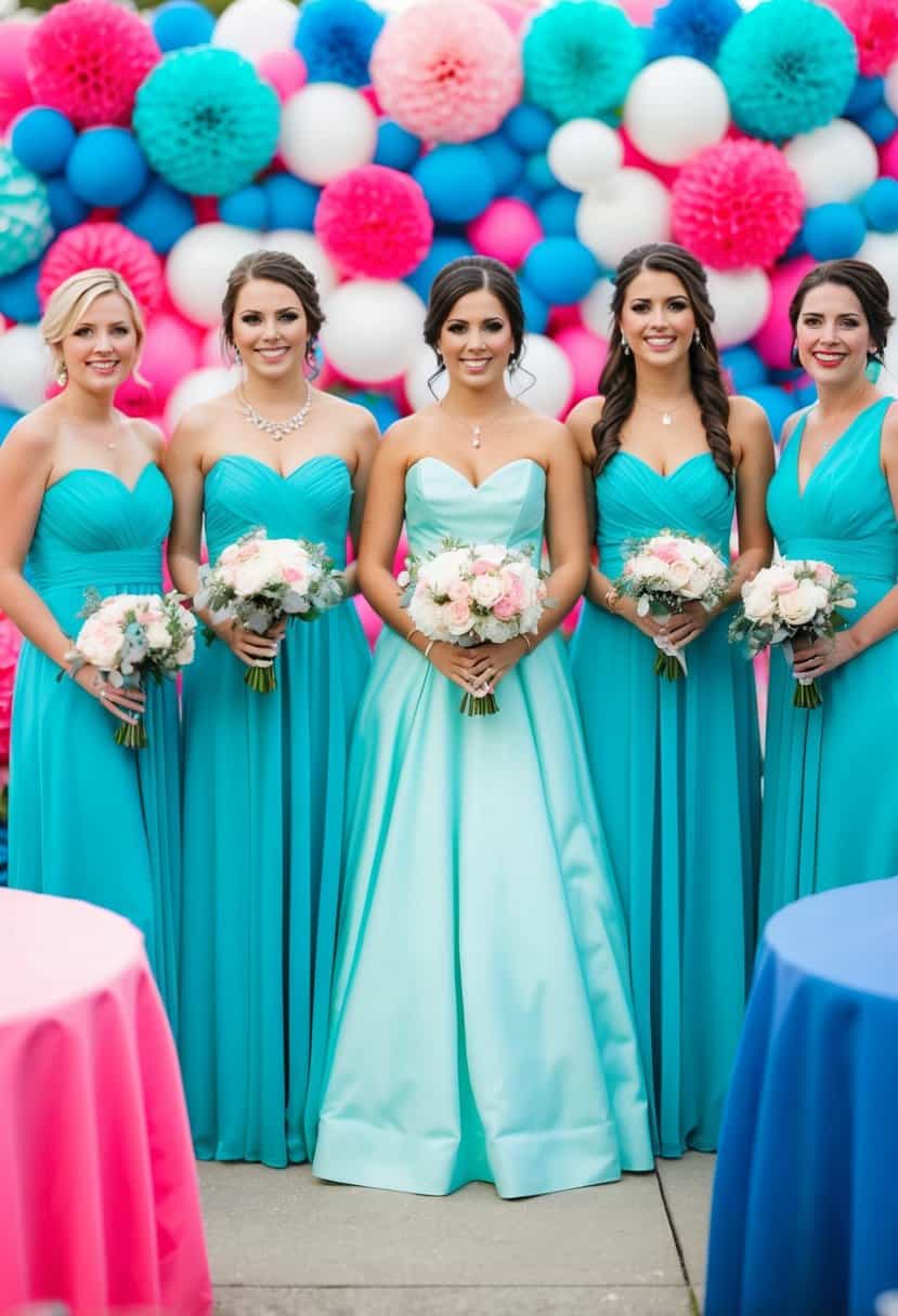 Tiffany blue bridesmaid dresses against a backdrop of hot pink and blue wedding decor