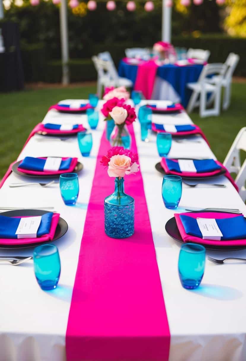 A table set with fuchsia table runners, adorned with hot pink and blue wedding decor