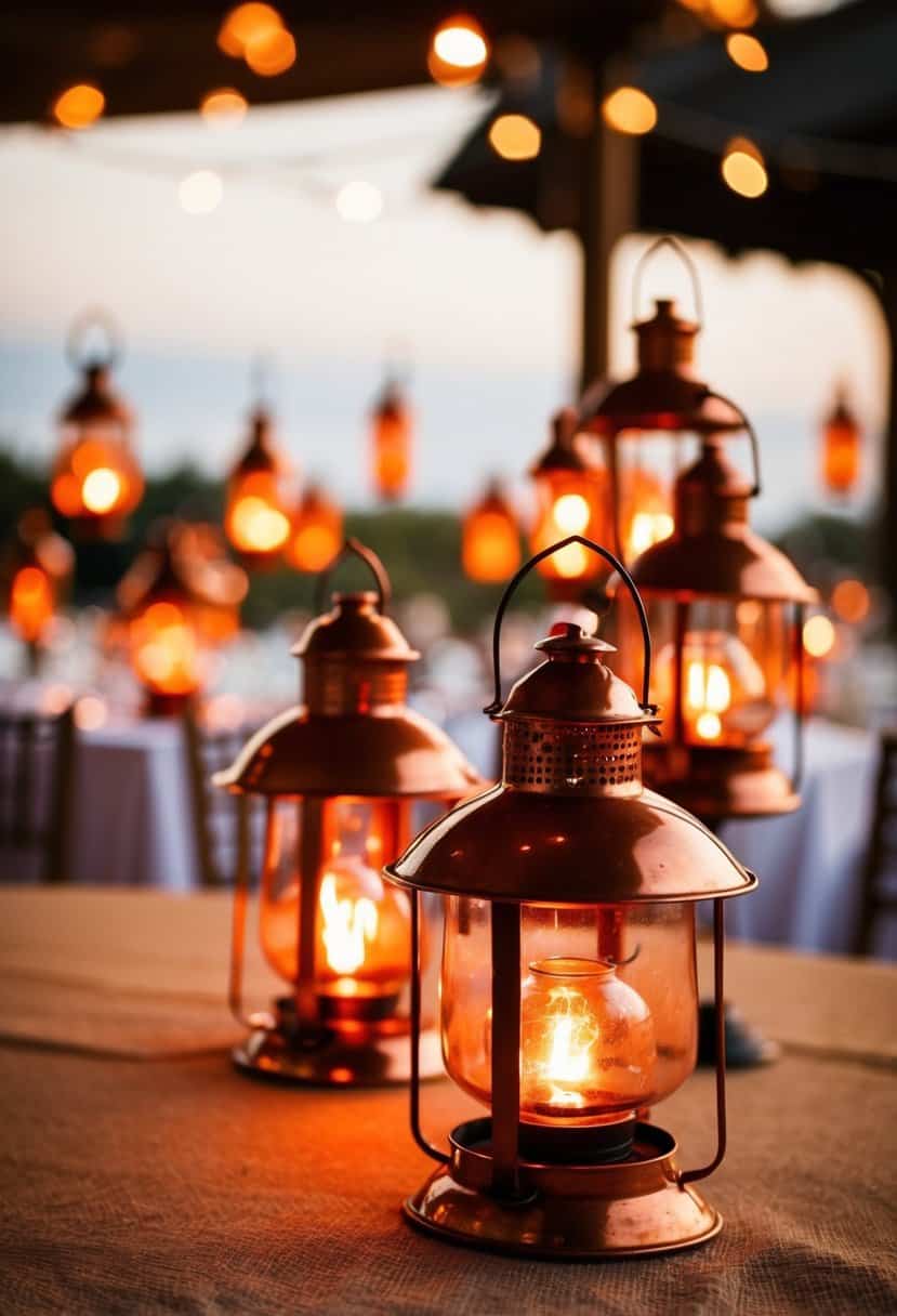Rustic copper lanterns casting warm, orange glow in an outdoor wedding setting