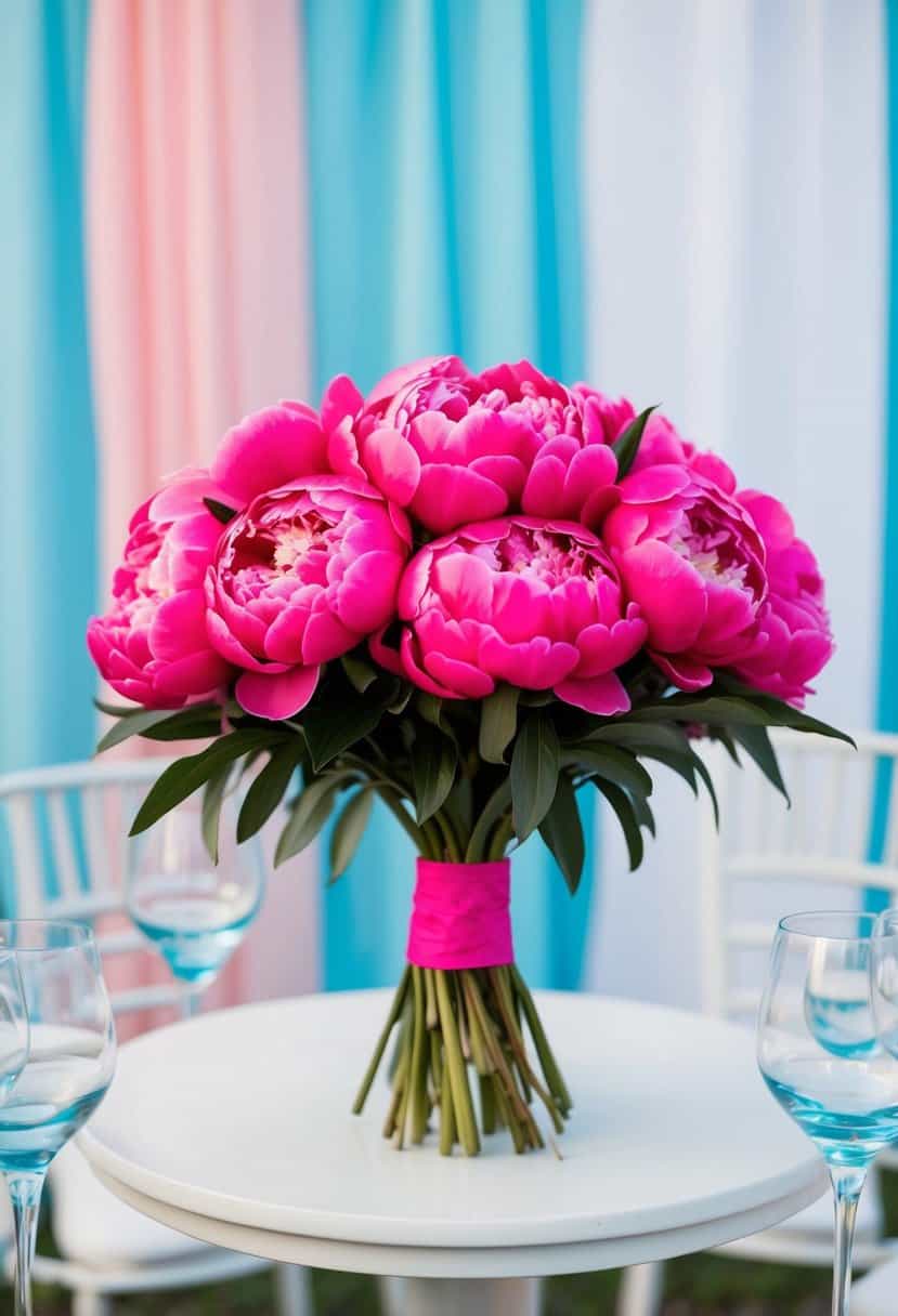 A vibrant hot pink peony bouquet stands out against a backdrop of soft blue and white wedding decor, creating a striking color contrast