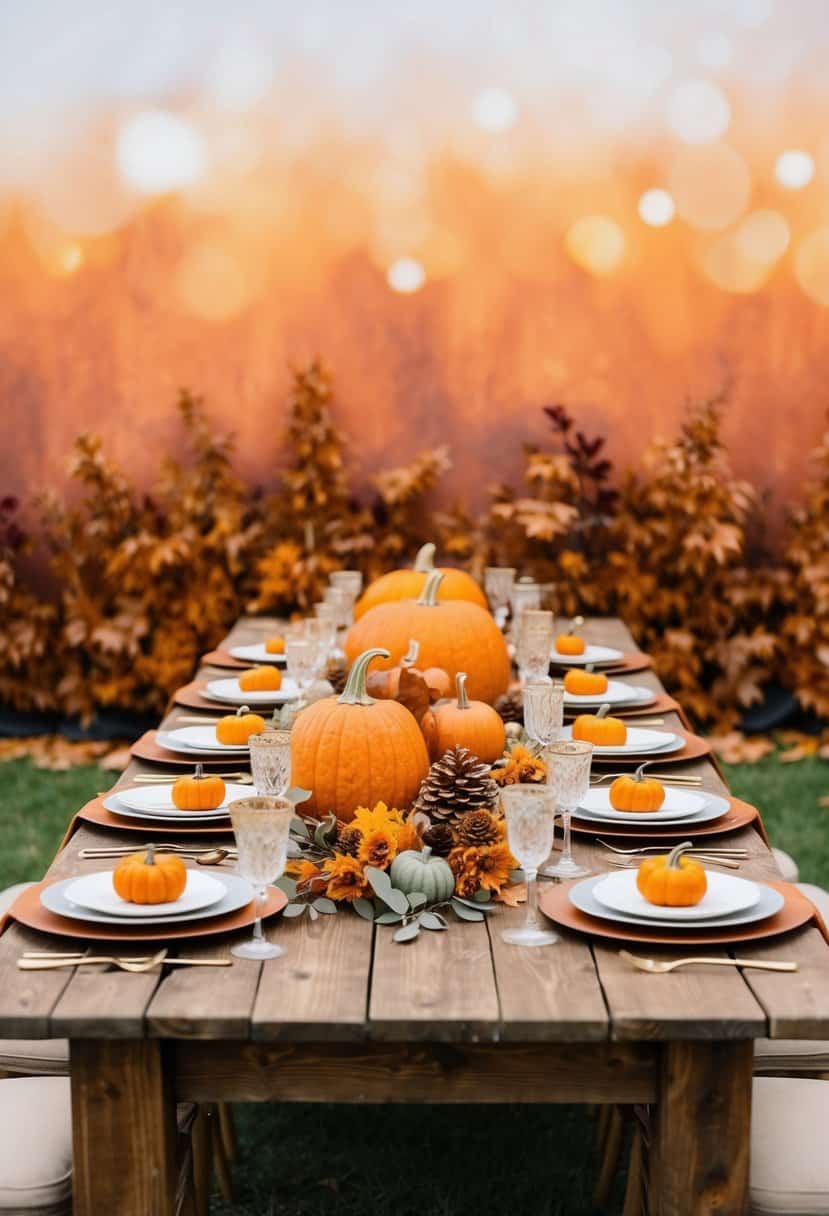 A rustic wooden table adorned with pumpkin spice centerpieces and fall foliage, set against a backdrop of warm, rust orange wedding decor