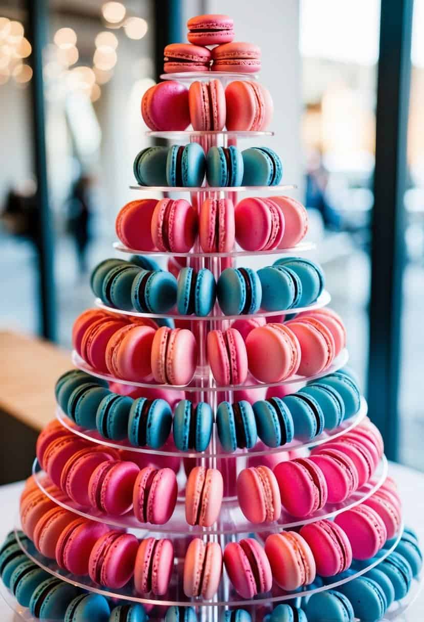 A towering display of hot pink and blueberry macarons, arranged in an elegant and eye-catching pattern
