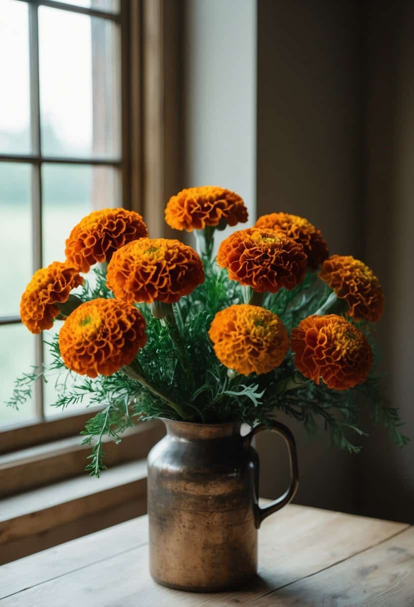 Rust orange marigold bouquets arranged in a rustic vase on a wooden table, with soft natural light filtering through a nearby window