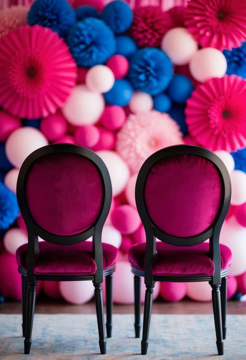Two magenta velvet chairs against a backdrop of hot pink and blue wedding decor