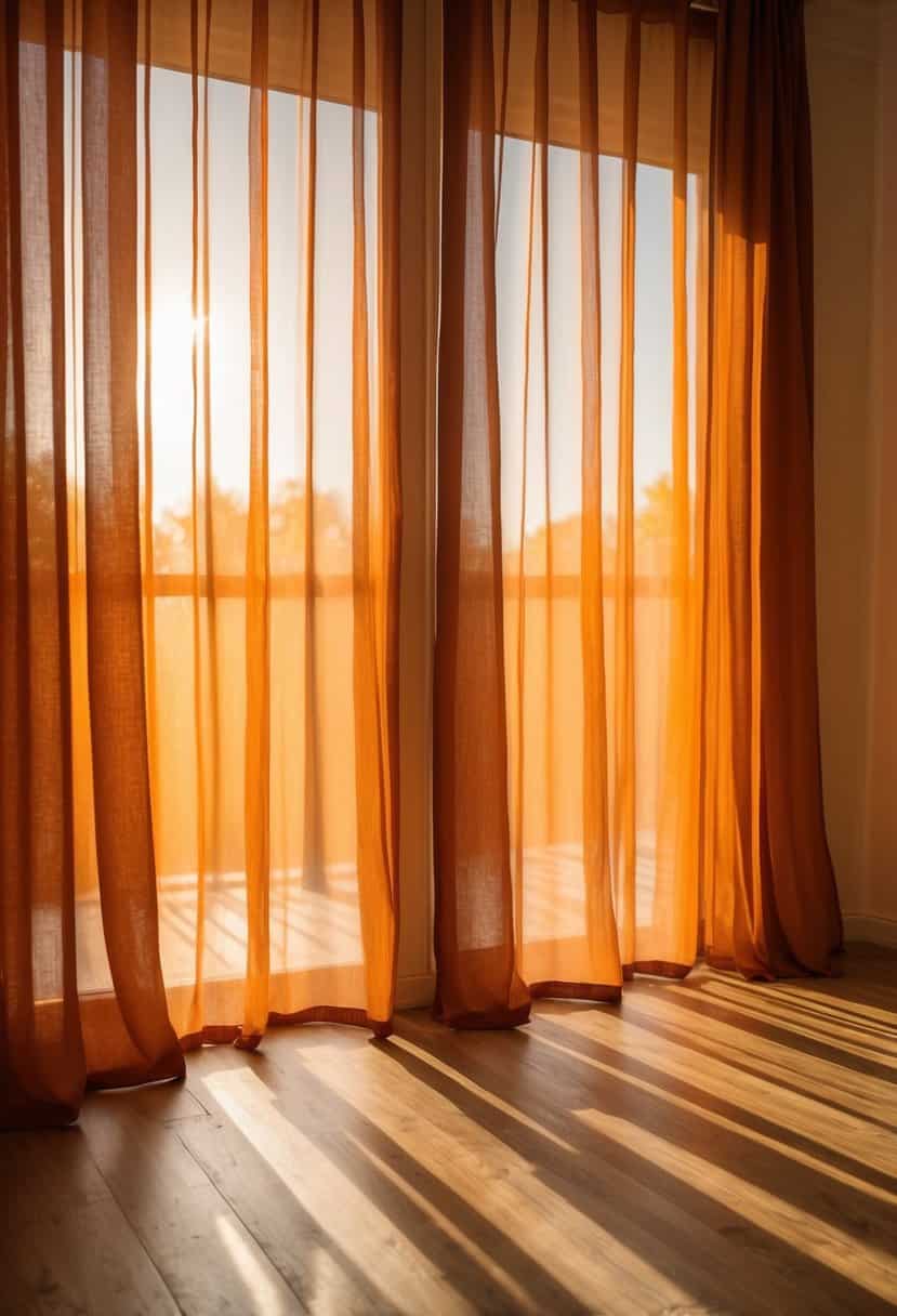 Sunlight filters through rust orange chiffon drapes, casting warm, cinnamon-hued shadows on the floor