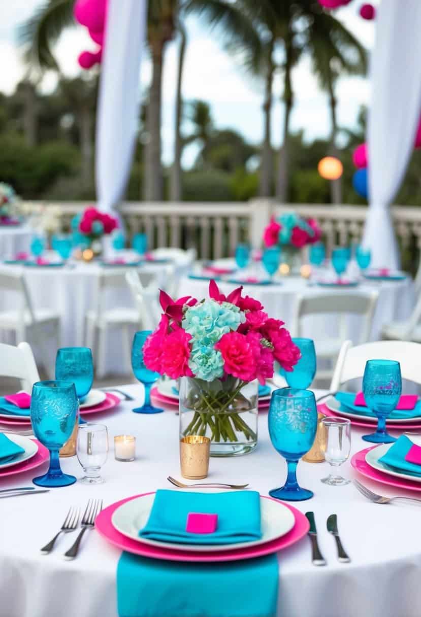 A table set with aquamarine centerpieces and hot pink and blue accents, creating a vibrant and elegant wedding color scheme