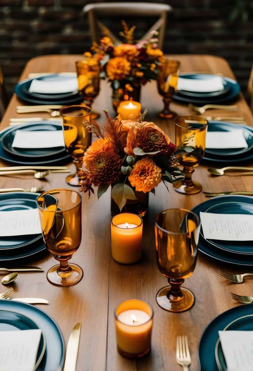 A table set with amber glassware, adorned with rust orange floral arrangements and candles