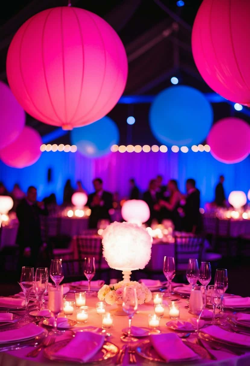 Hot pink and blue lighting cast a cotton candy glow over a wedding reception