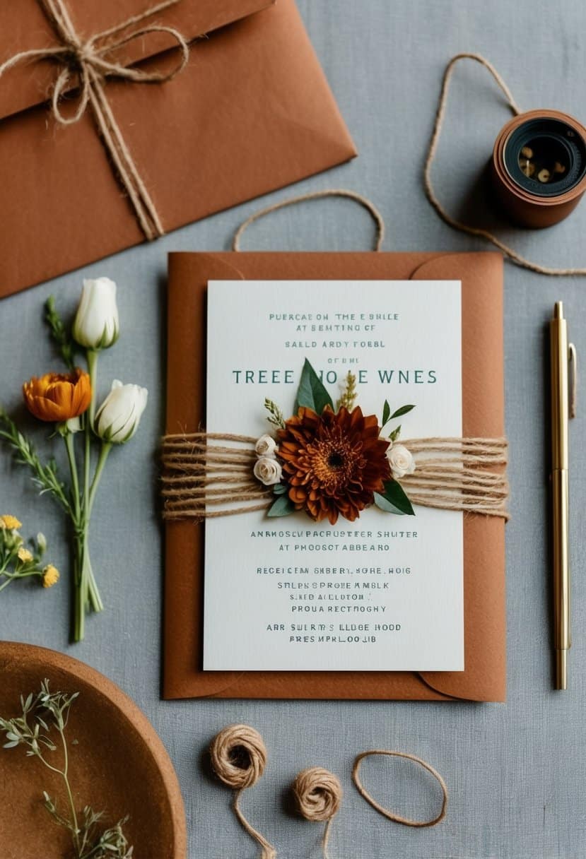 A rustic wedding invitation suite featuring rust-colored paper, twine, and floral accents