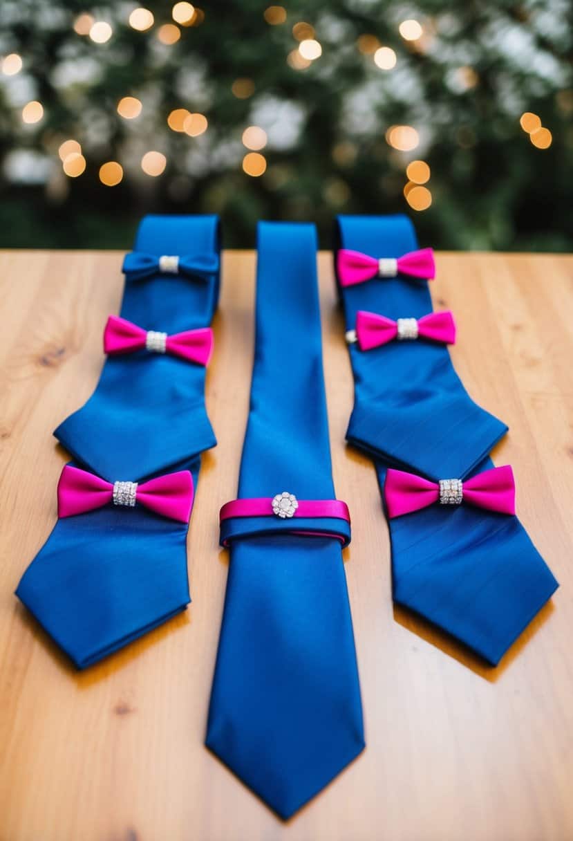 Cerulean blue ties arranged with hot pink accents for a wedding