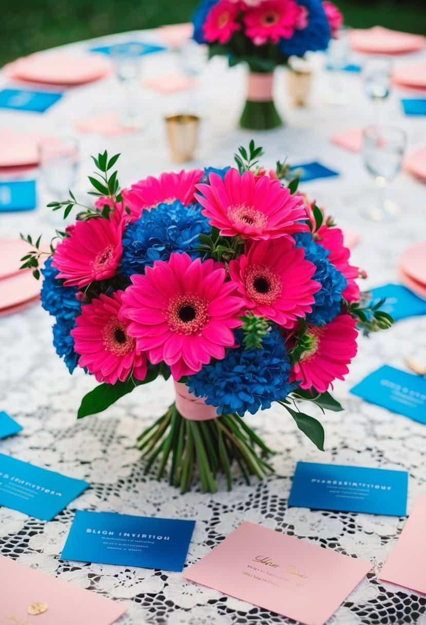A bouquet of hot pink and blue flowers with blush pink invitations scattered around on a white lace tablecloth