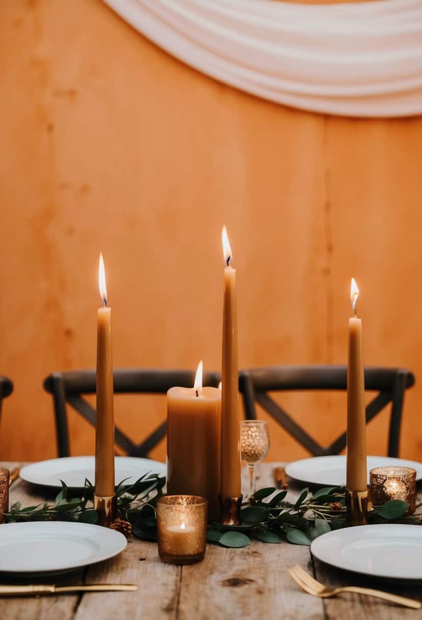 A rustic wedding table adorned with caramel-colored candles, set against a warm, orange backdrop