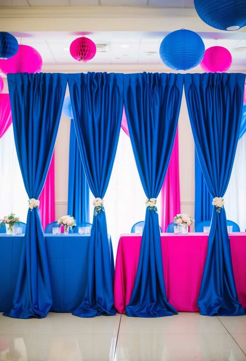 Royal blue draperies hang elegantly, contrasting with hot pink and blue decor in a wedding reception setting