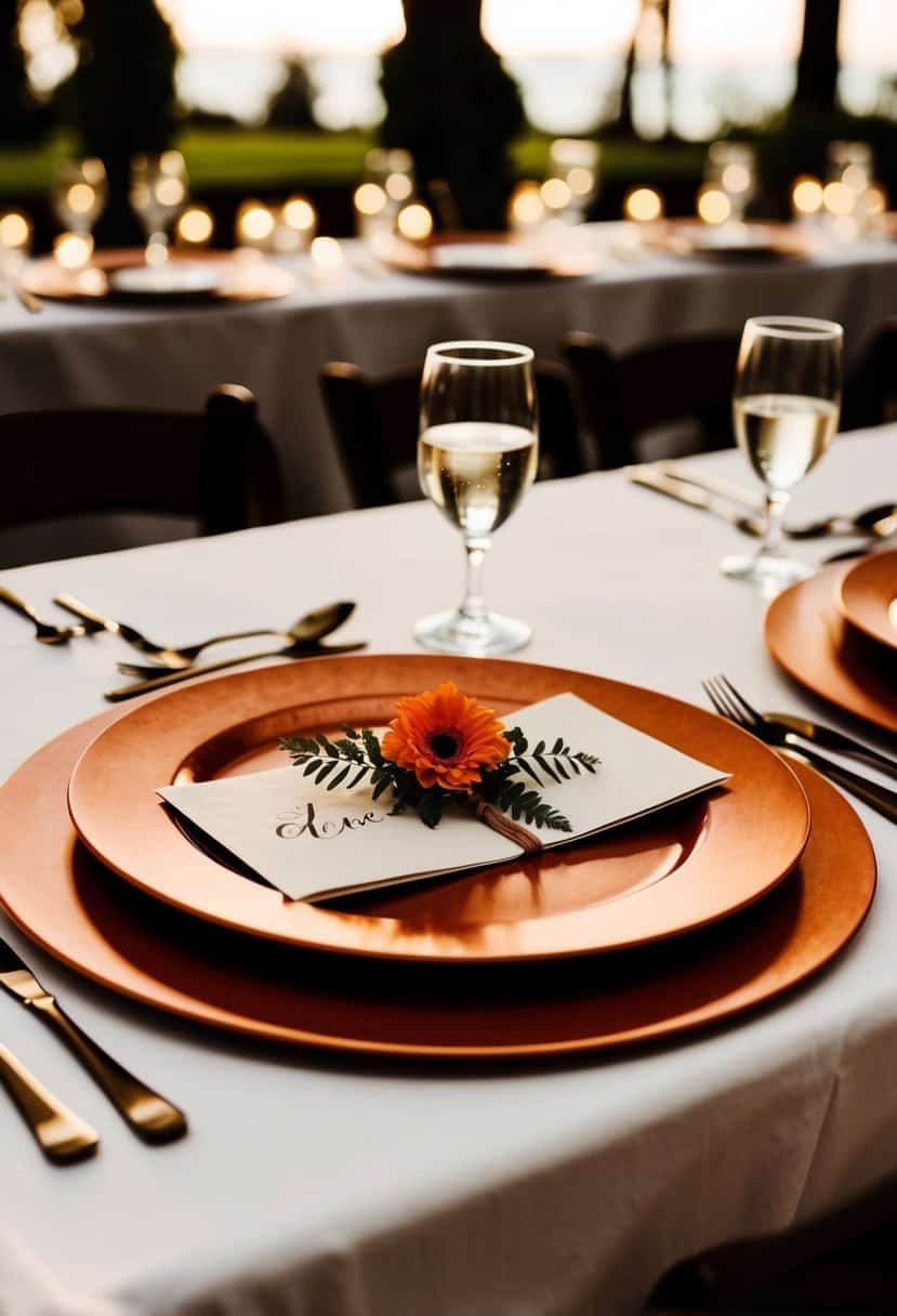 A table set with rust orange bronze charger plates for a wedding reception