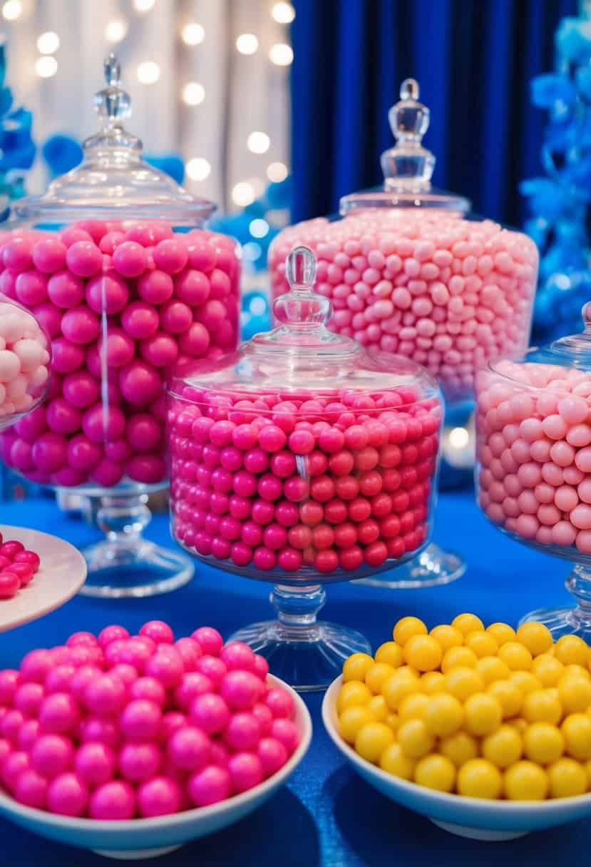 A candy buffet featuring bubblegum pink and hot pink candies, set against a backdrop of blue decor