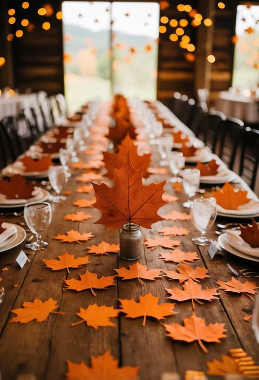 A rustic wedding table adorned with maple leaf confetti in shades of rust orange