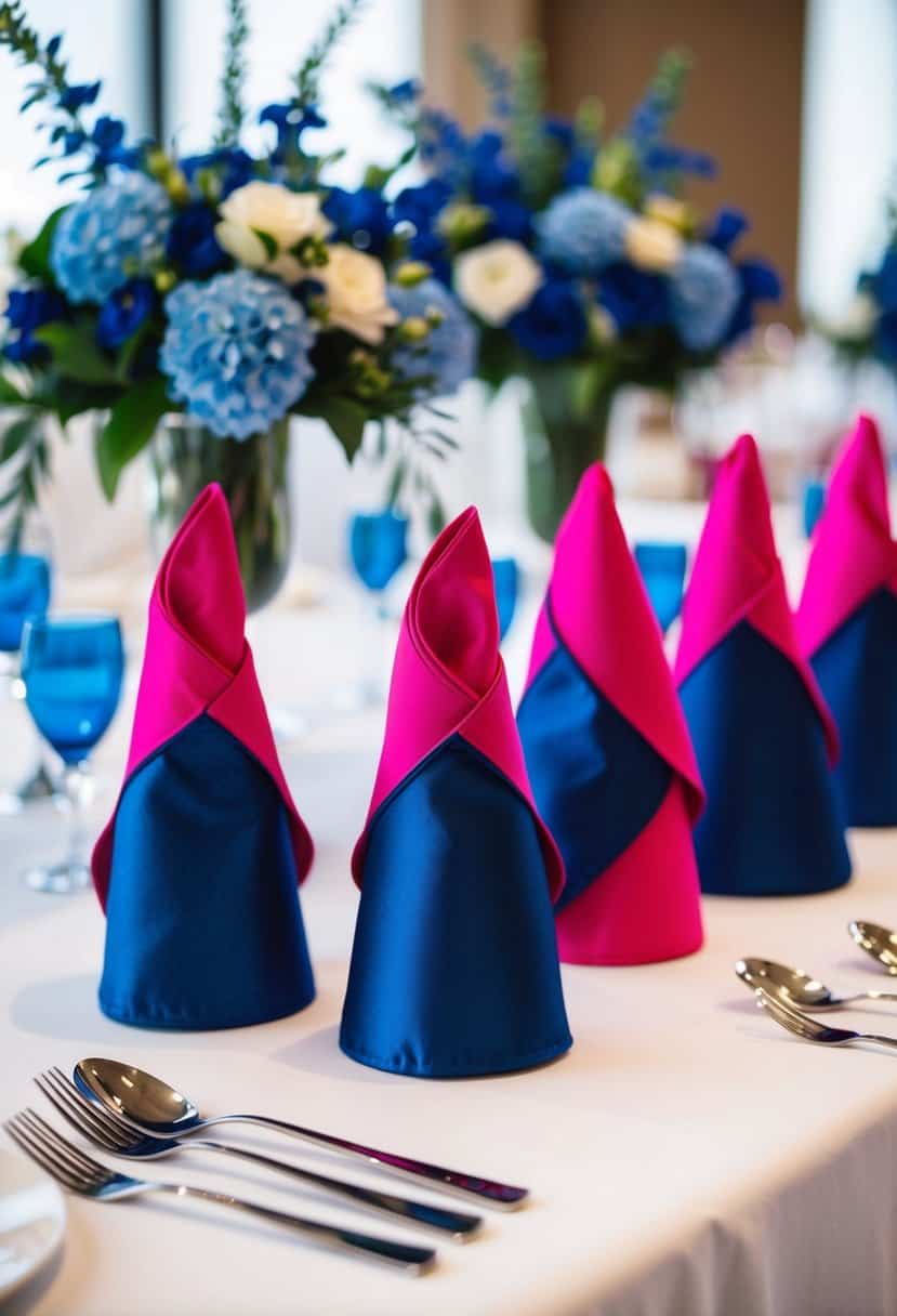 Hot pink and indigo napkin holders arranged on a white tablecloth, with blue floral centerpieces in the background