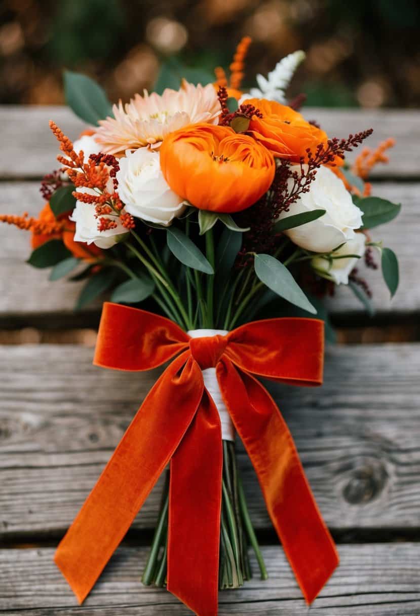 A persimmon velvet ribbon tied around a rustic orange wedding bouquet