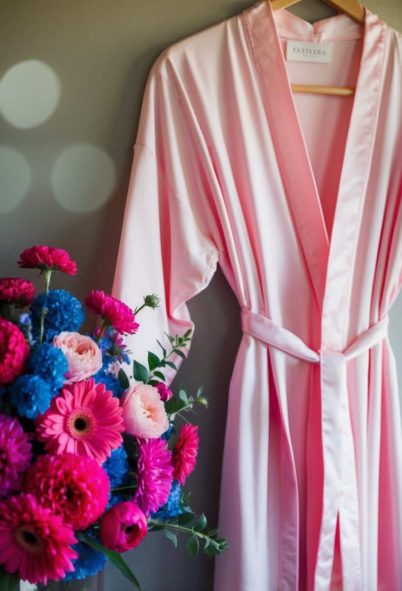 Ballet pink robes hanging next to a bouquet of hot pink and blue flowers