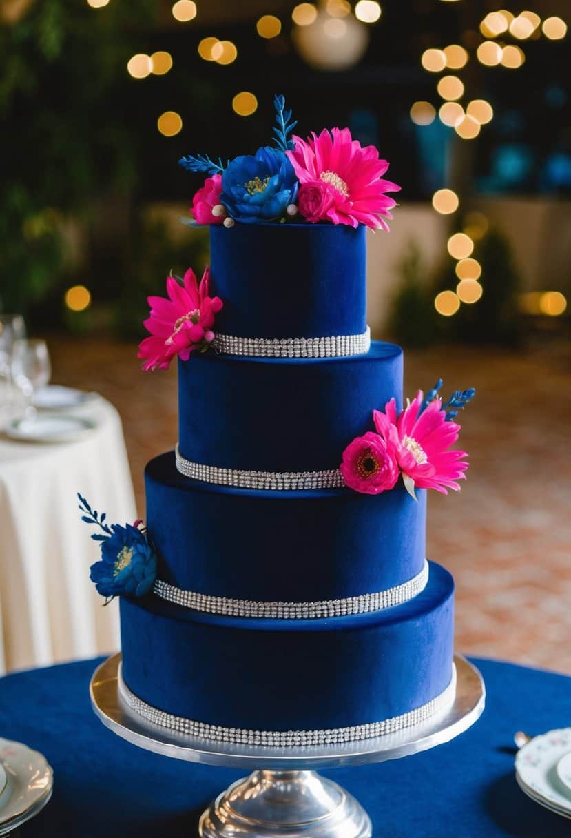 A three-tiered navy velvet wedding cake adorned with hot pink and blue floral decorations sits on a silver cake stand