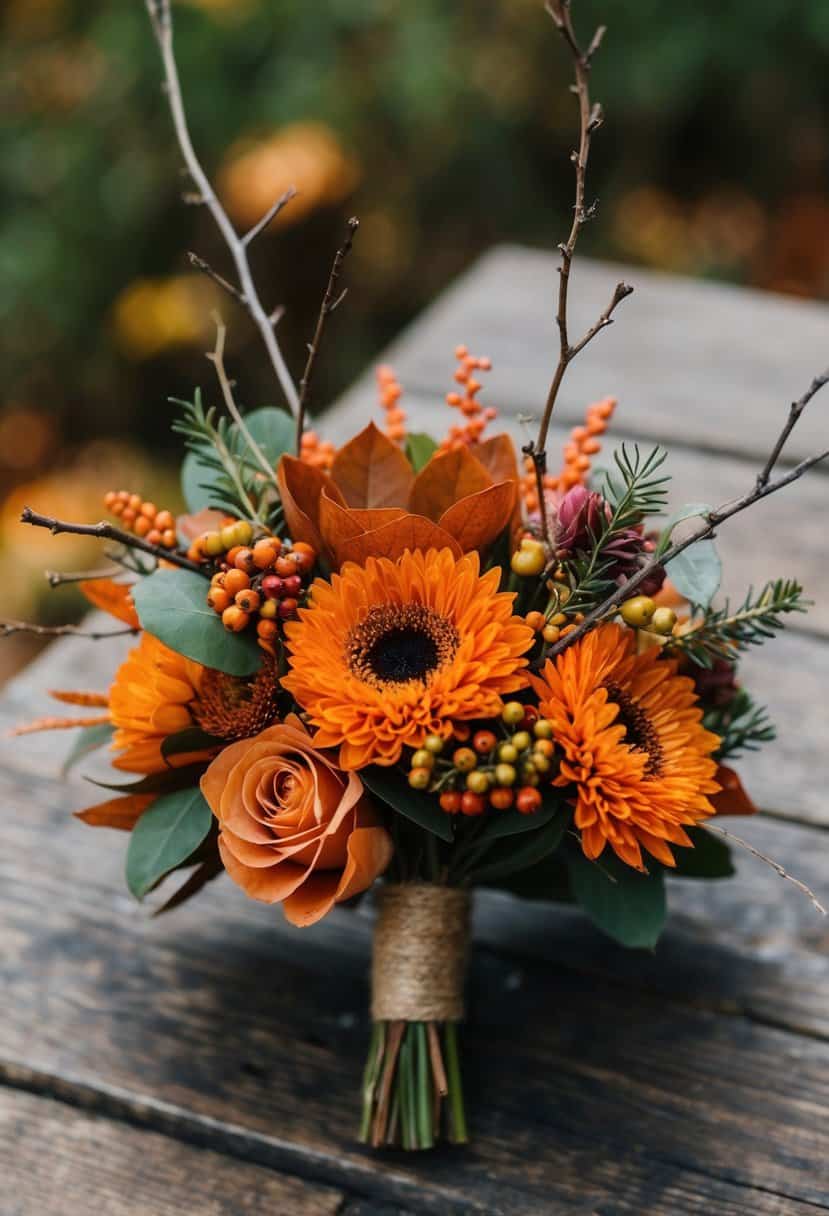 A rustic autumn boutonniere featuring warm rust orange tones, accented with natural elements like twigs and berries