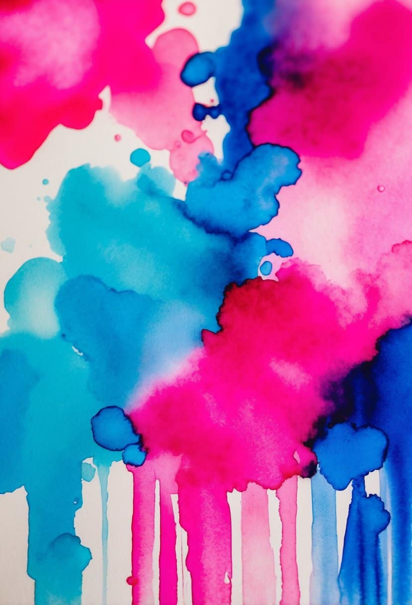 A watercolor painting of hot pink and blue backdrops blending together in a vibrant and dreamy wedding color scheme