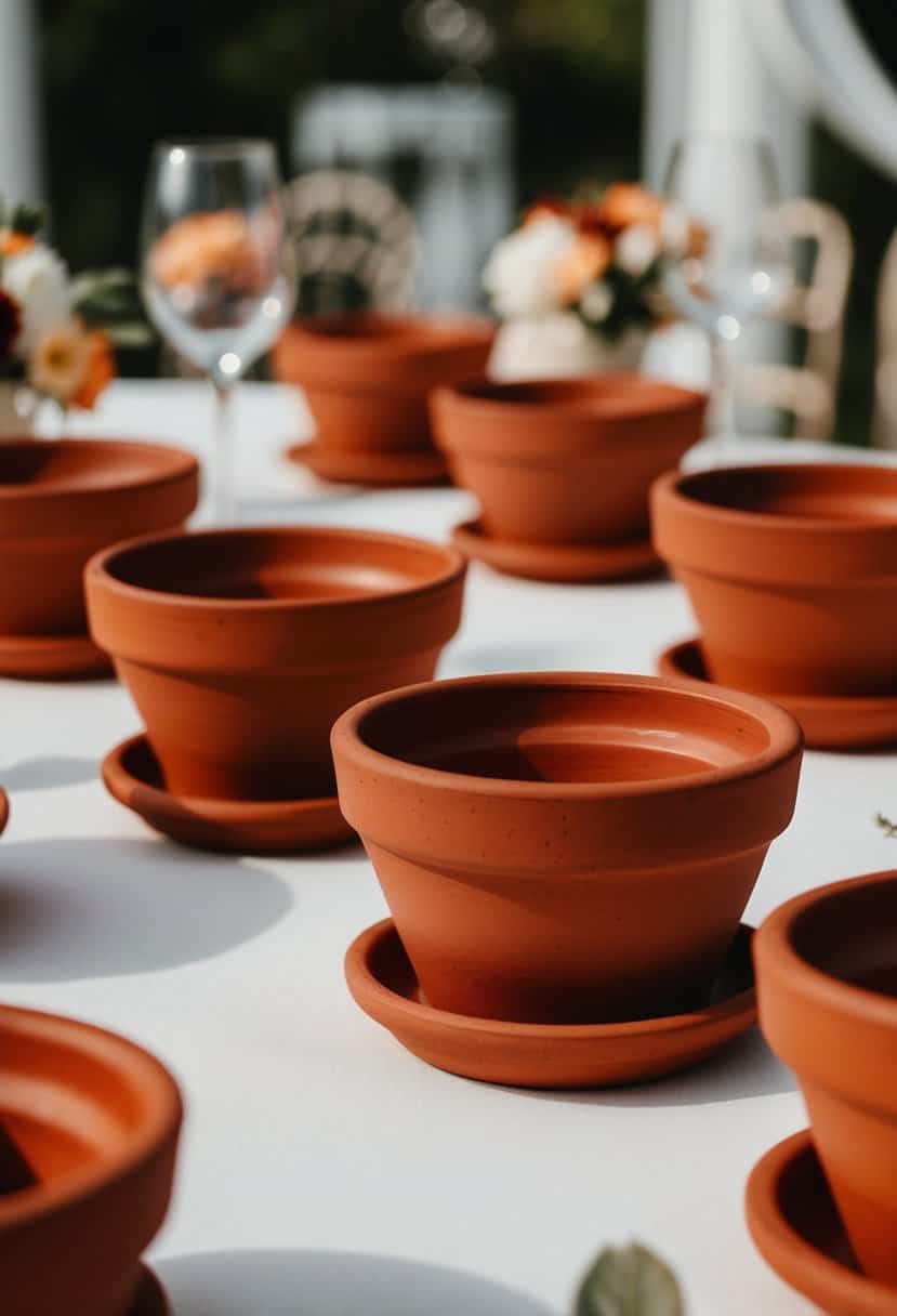 Rust orange clay pots arranged as decorative accents for a wedding