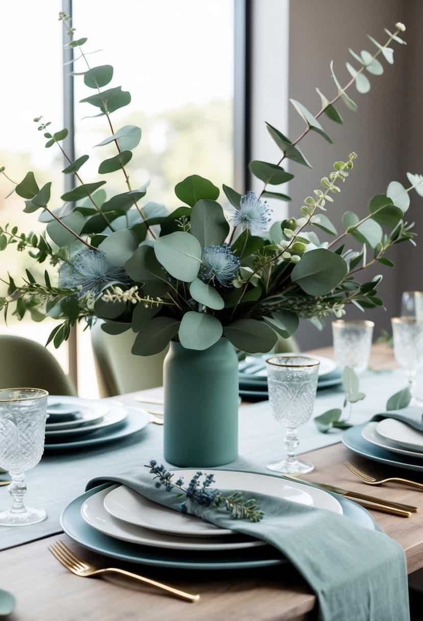 A eucalyptus tablescape with sage green and dusty blue accents, featuring lush foliage, delicate blue florals, and elegant tableware