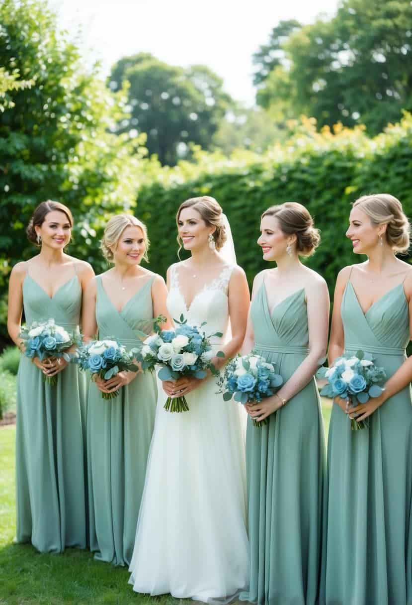A wedding party stands in a garden, wearing sage green bridesmaid dresses and holding dusty blue bouquets. The scene is filled with soft, natural colors and a sense of elegance