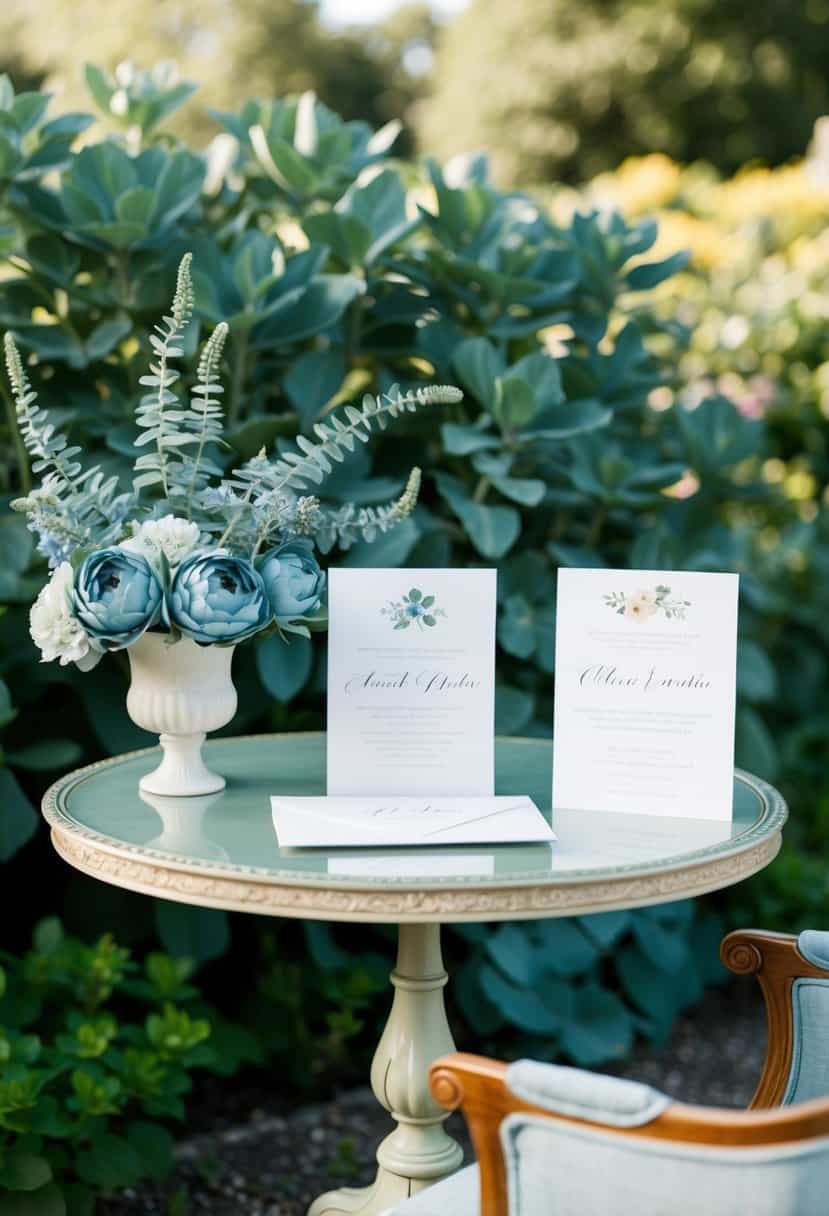 A serene garden setting with sage green foliage and dusty blue flowers, featuring elegant invitations displayed on a vintage table
