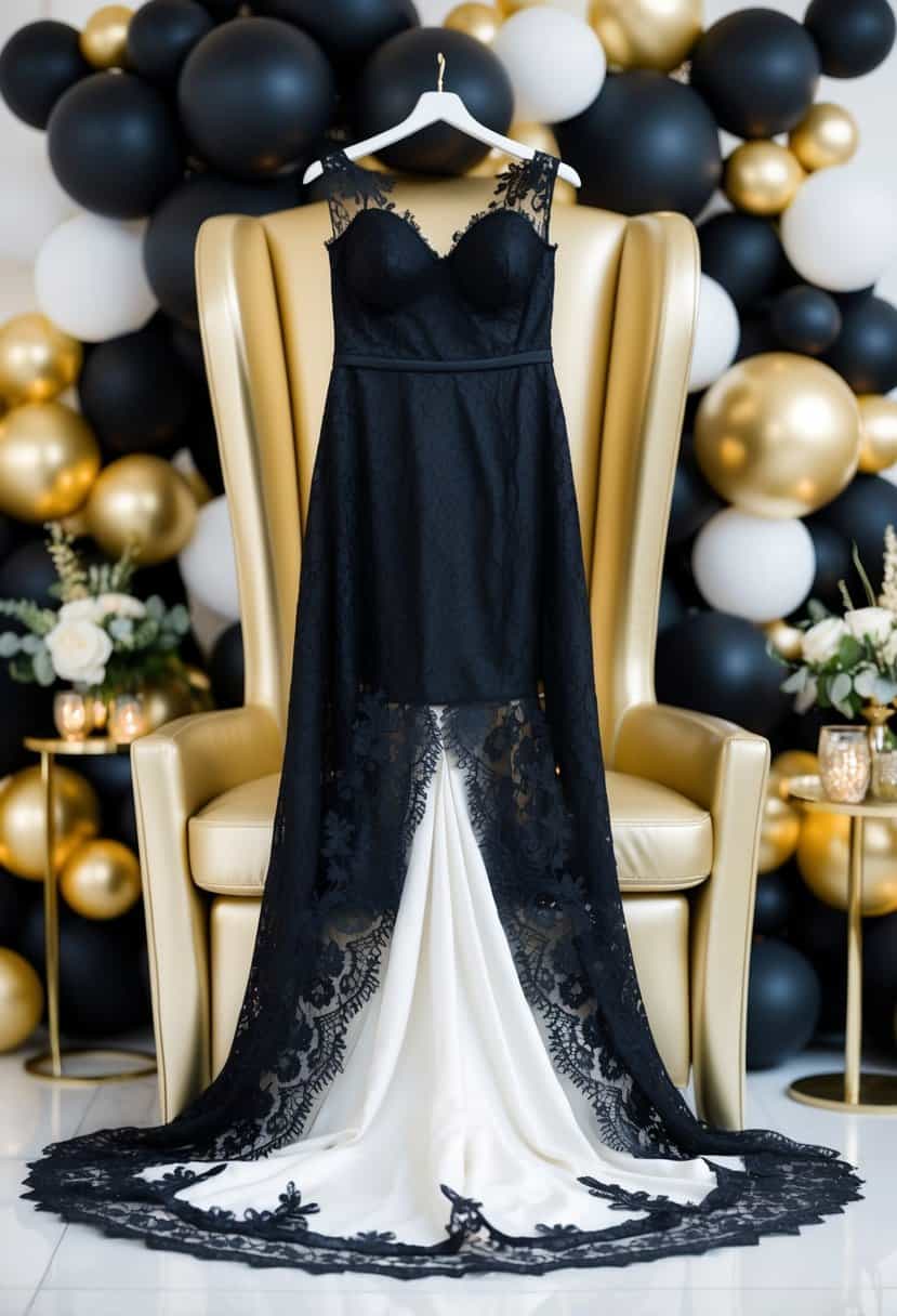 A black lace bridal gown draped over a champagne-colored chair, surrounded by black and gold wedding decor