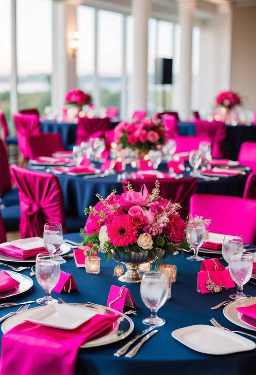 A lavish wedding table set with fuchsia and navy linens, bold pink florals, and elegant silver accents
