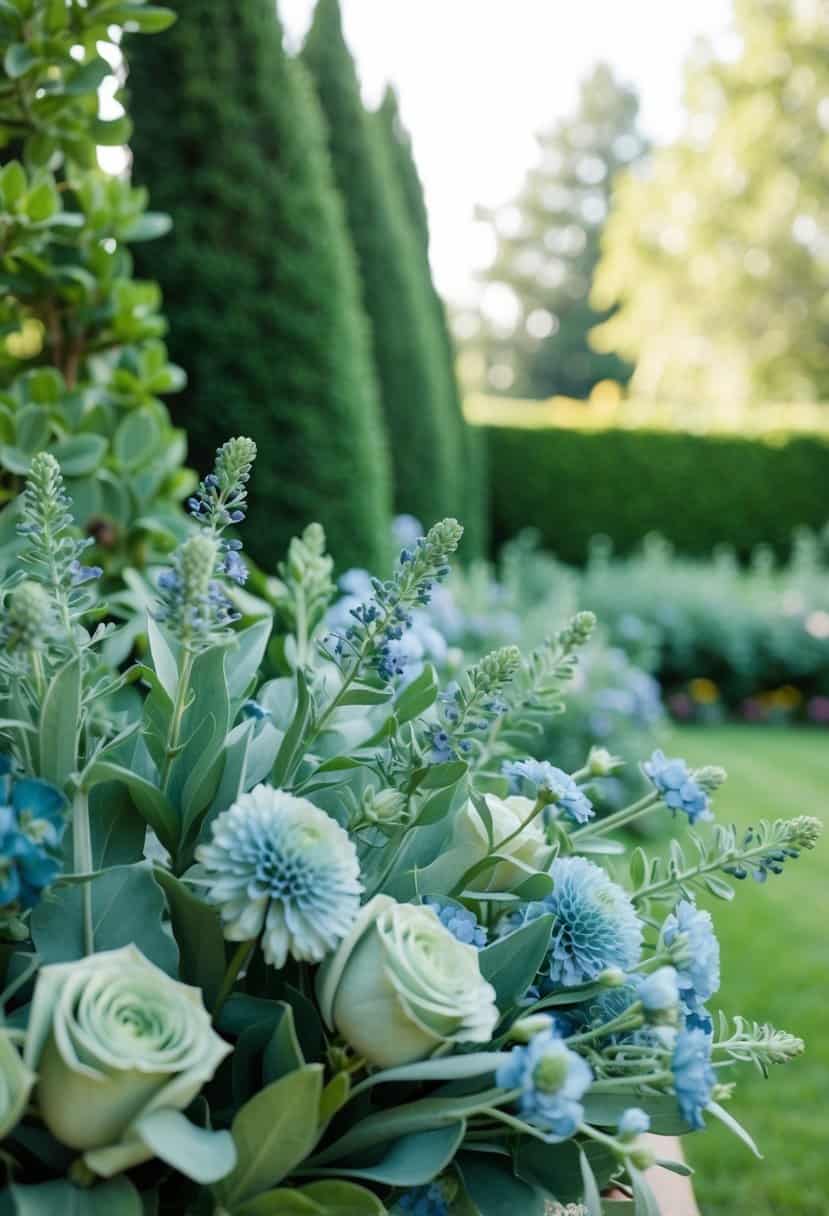 A serene garden with sage green foliage and dusty blue flowers arranged in bouquets