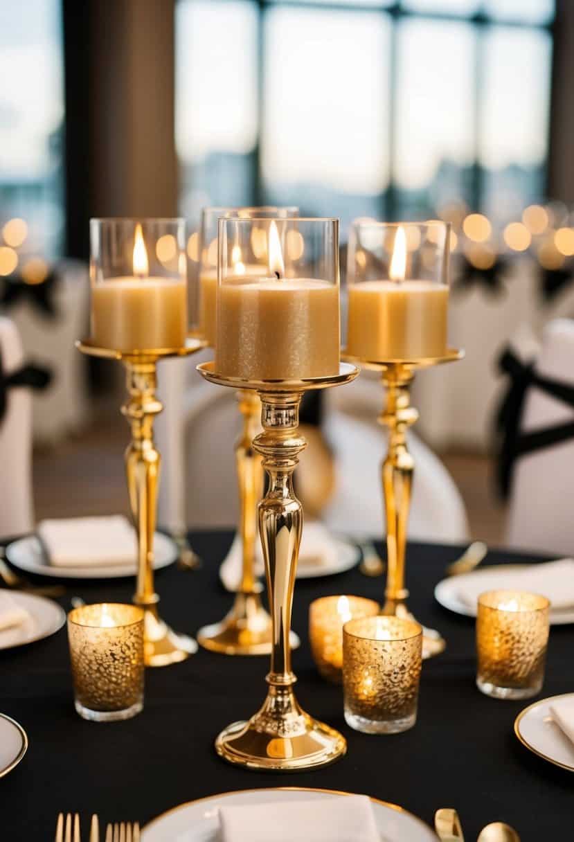 Champagne gold candle holders arranged with black decor for a wedding ambiance