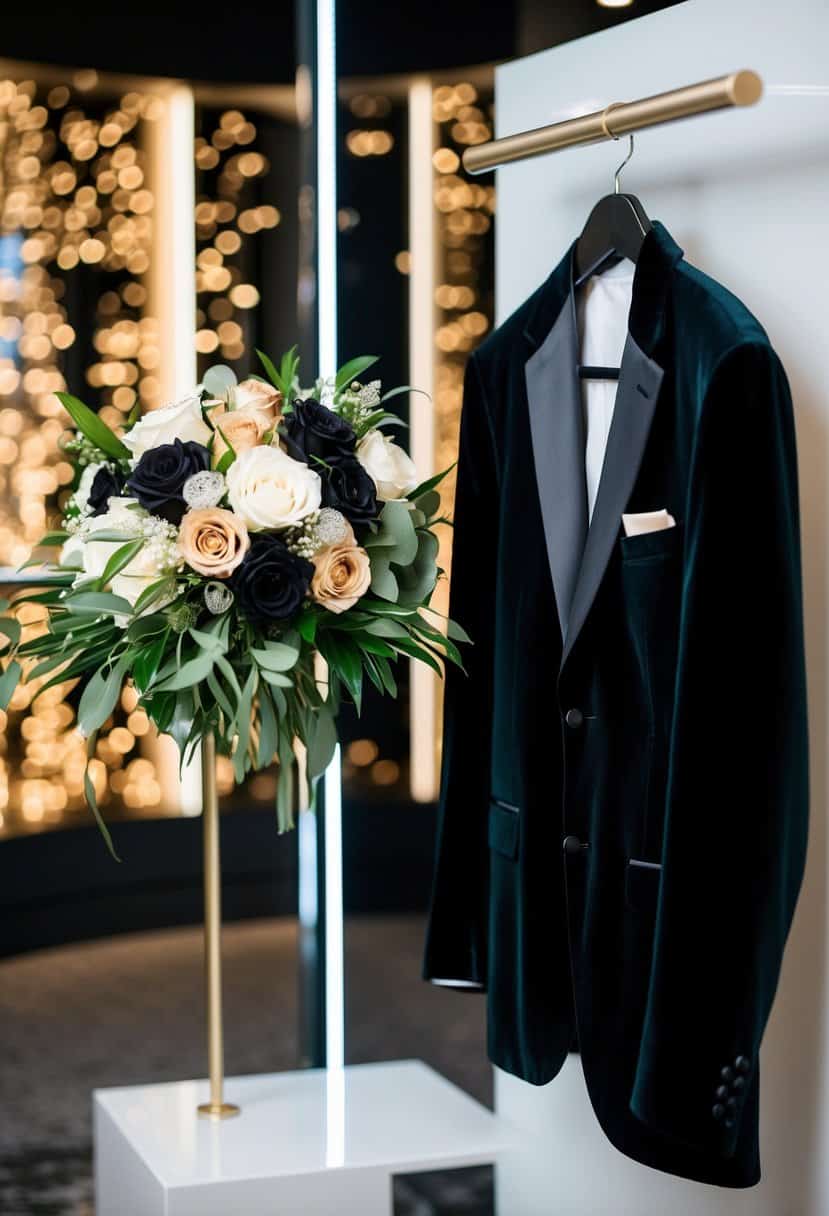 A black velvet groom's suit hangs next to a champagne and black wedding bouquet on a sleek, modern display