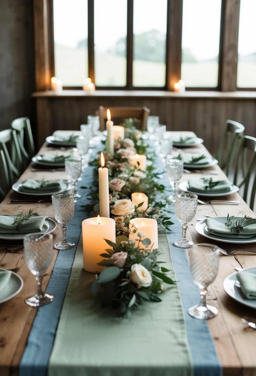 A rustic table set with sage green and dusty blue table runners, adorned with delicate floral arrangements and flickering candles