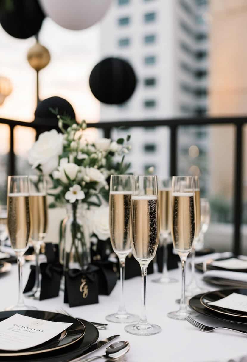 A table set with champagne glasses and black and white decor for a wedding celebration