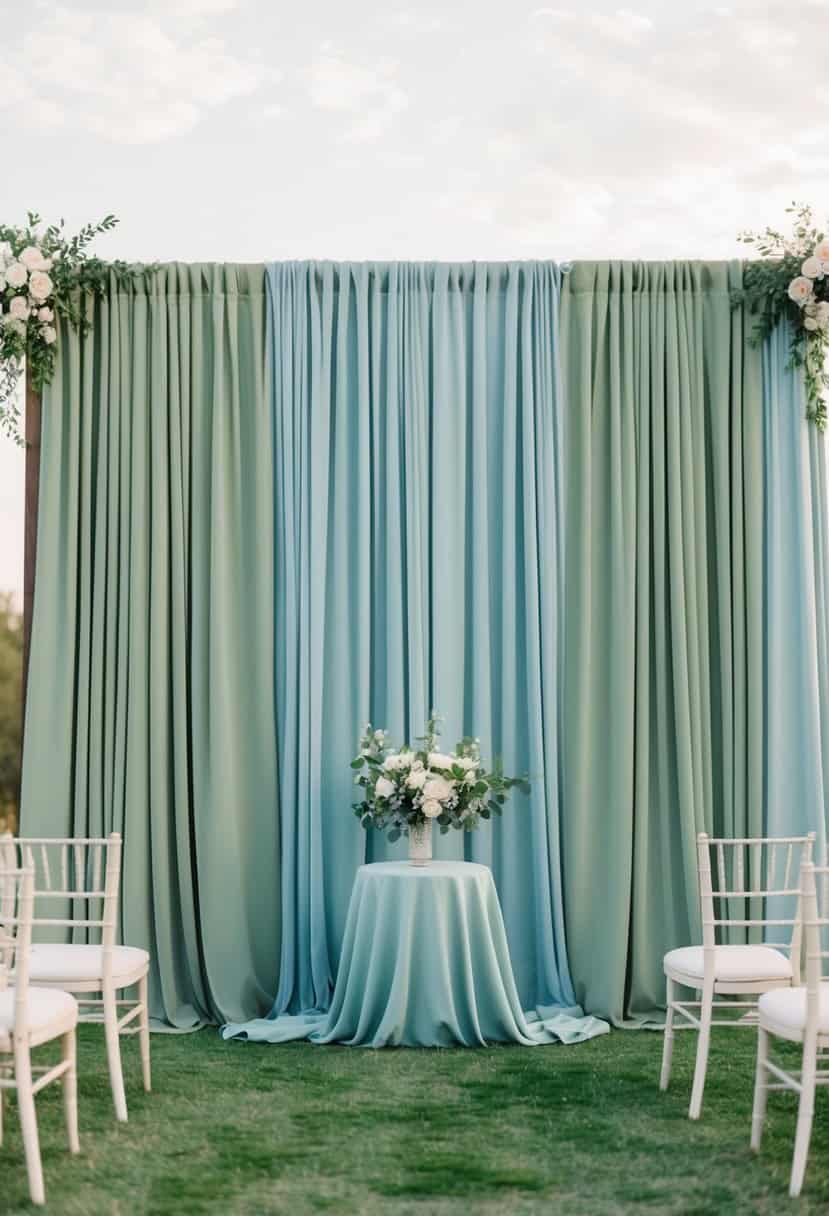A backdrop of sage green and dusty blue drapes for a wedding ceremony