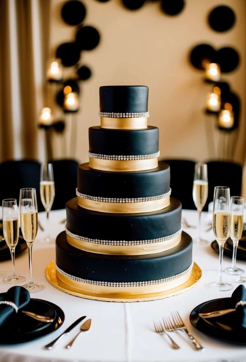 A tiered black and gold wedding cake surrounded by champagne glasses and elegant black decor