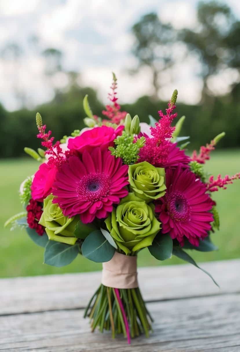 A magenta and olive green wedding bouquet with bold pink accents