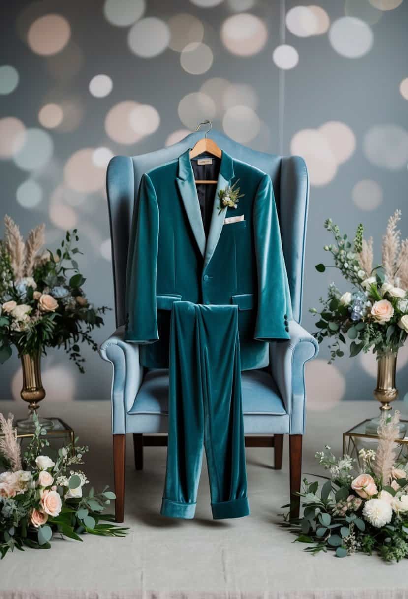 A sage green velvet suit draped over a dusty blue chair, surrounded by matching wedding decor and floral arrangements