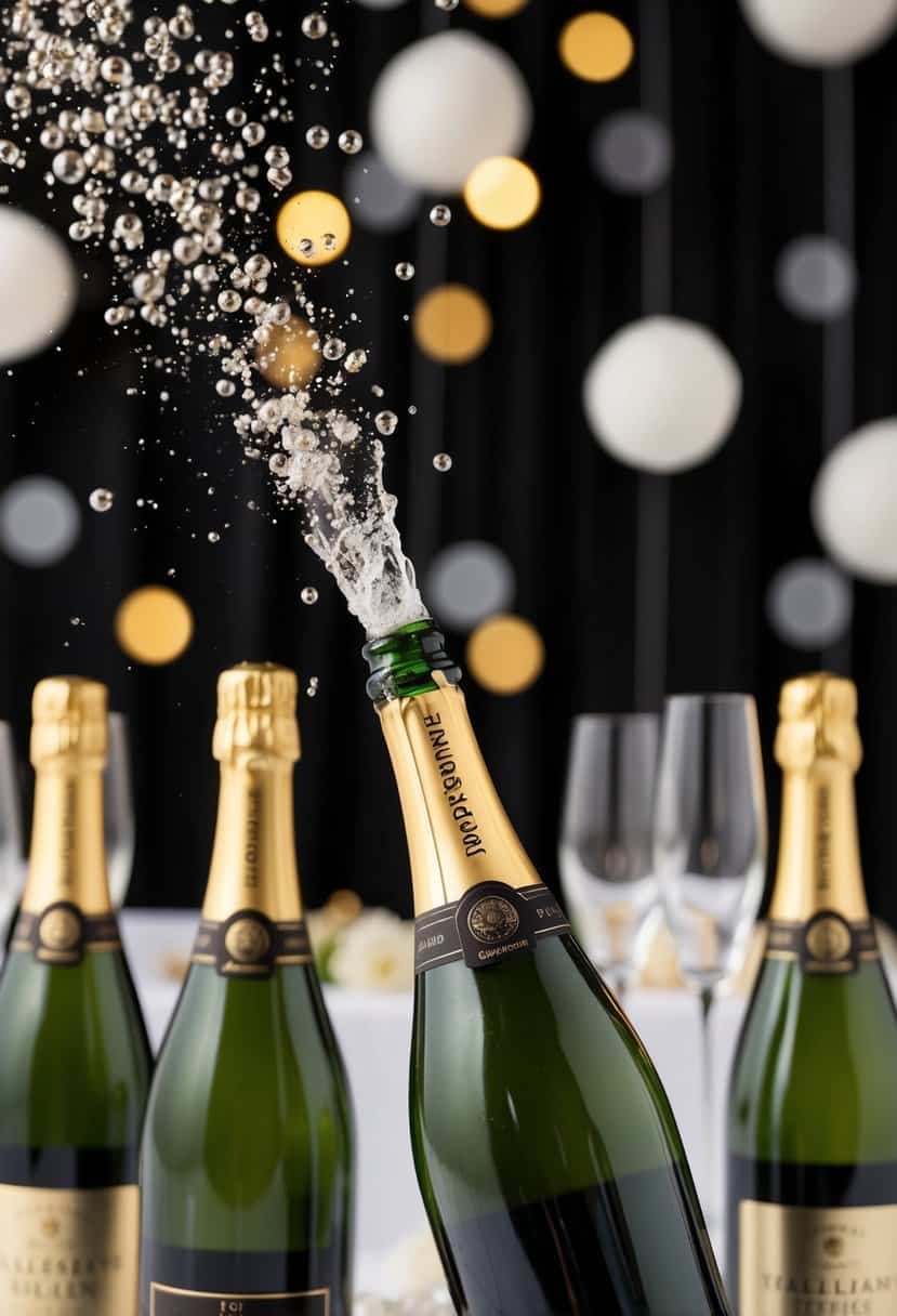 Bottles of champagne pop, releasing bubbles into the air, against a backdrop of elegant black wedding decor