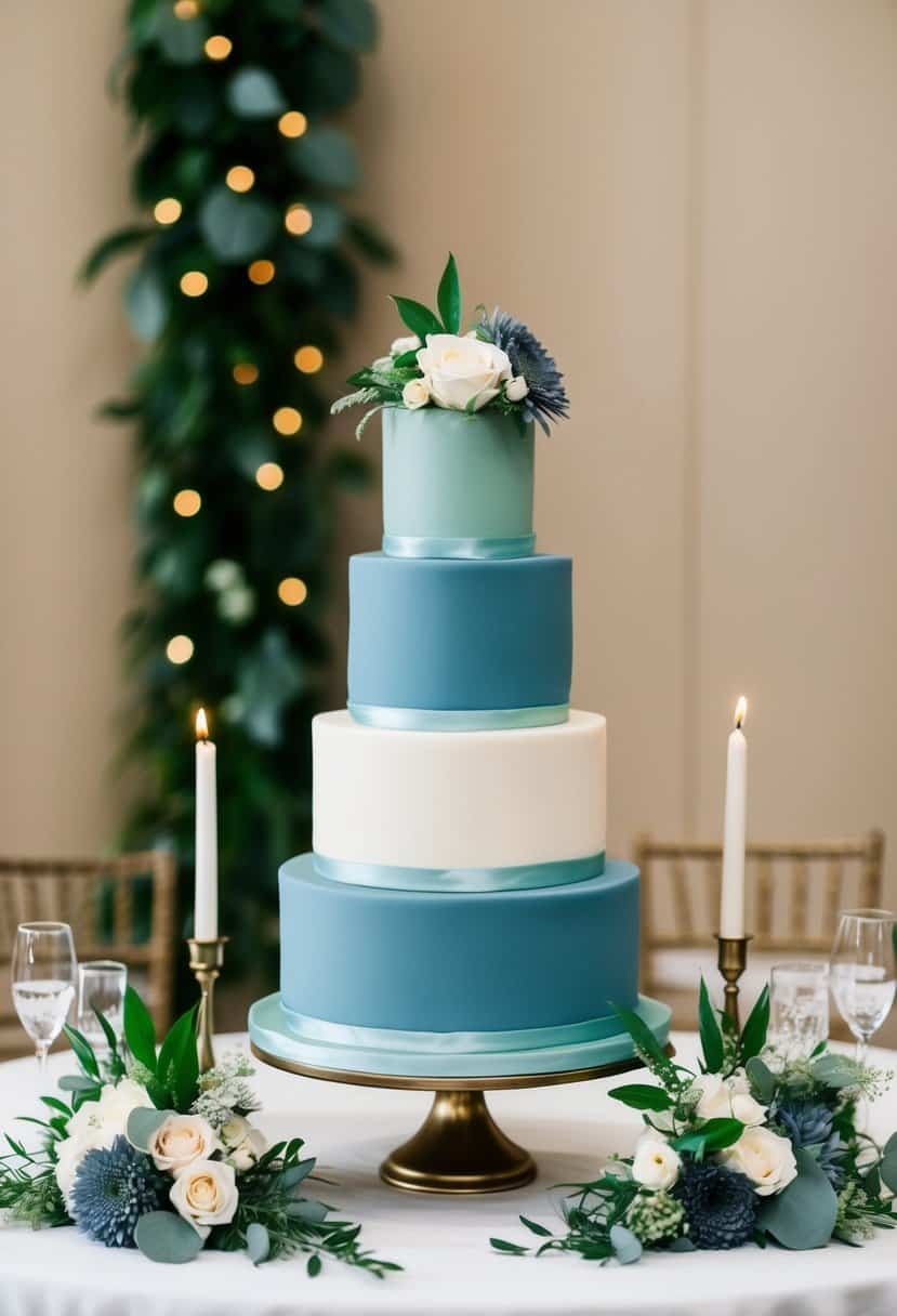 A three-tier wedding cake with dusty blue and sage green accents sits on a table adorned with matching floral arrangements and candles