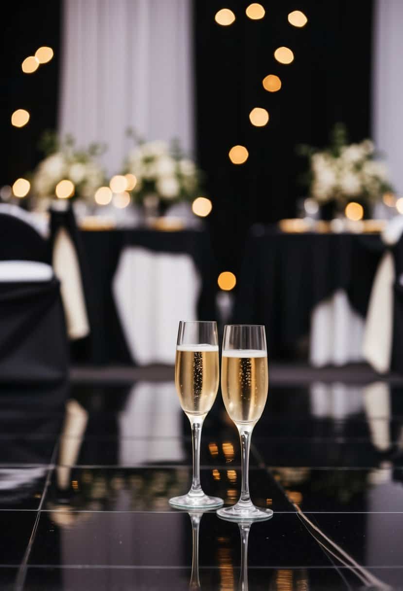 A black dance floor with champagne and black wedding decor