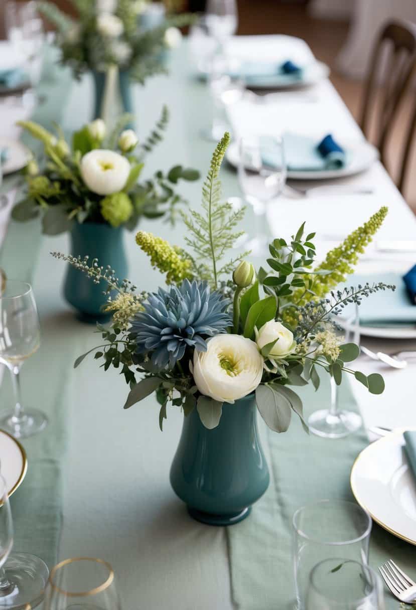 A table adorned with sage green and dusty blue centerpieces, featuring delicate flowers and foliage arranged in elegant vases